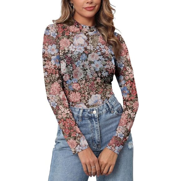 Tops - Women's Mesh Floral Long Sleeve Top Lace Mock Neck Sheer Blouse